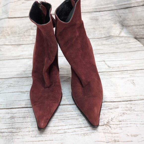 Giorgio Armani Suede Stiletto Ankle Boots Burgundy Pointed Toe Women US 6.5–7 - Picture 1 of 9